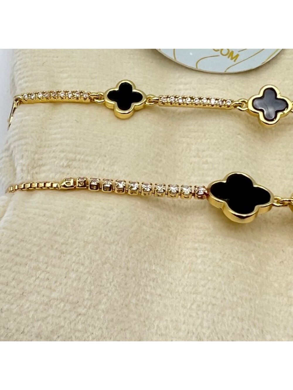 Set 2 Adjustable Gold-Tone Bracelets Black Clover Charms CZ Accents Eyecandy LA - Picture 4 of 9